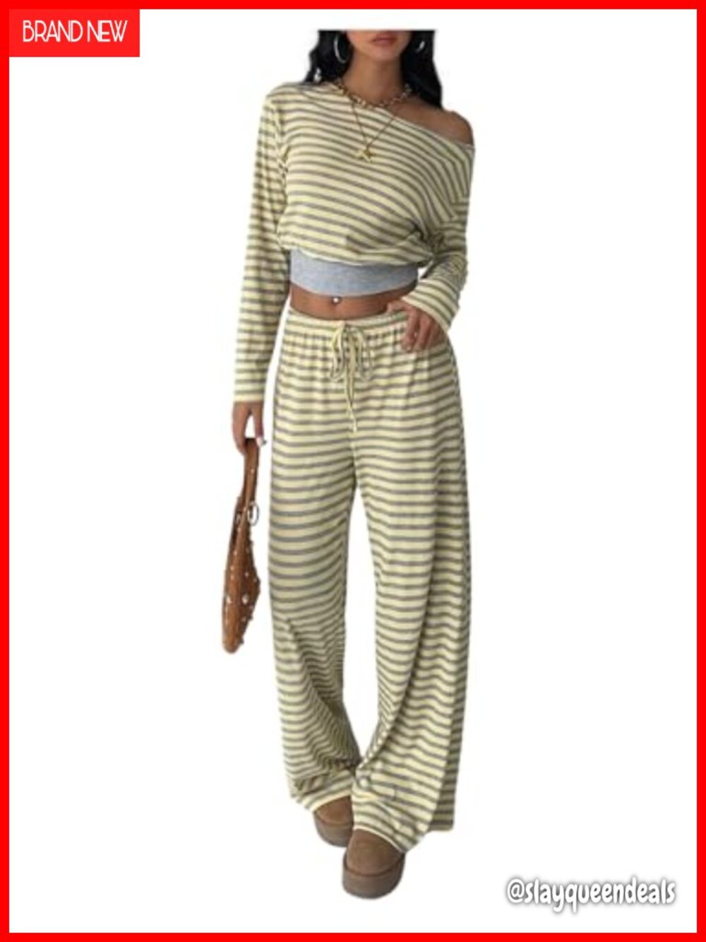 Women's 2 Piece Striped Lounge Set Off Shoulder Crop Top Drawstring Pants